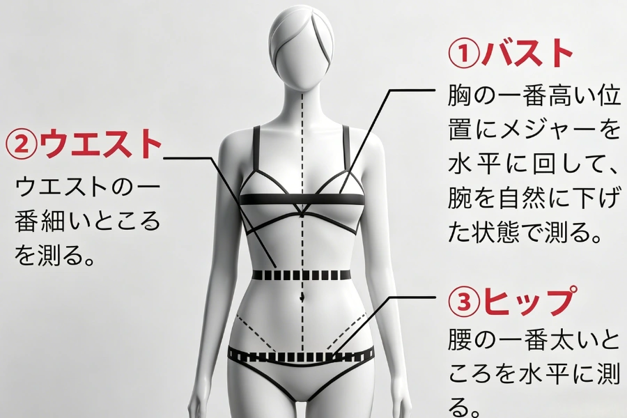 ラブドールの着せ替えのためのサイズ測定方法(バスト・ウエスト・ヒップ)