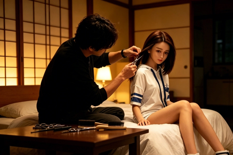 ラブドールのウィッグカットを調整している様子
