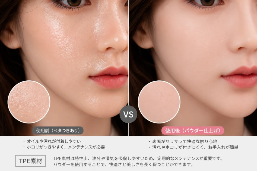 ラブドールにパウダーを使用した場合と使用しない場合の表面比較