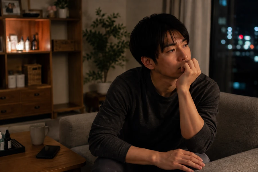 ラブドールにまつわる社会的な偏見について考える男性の姿