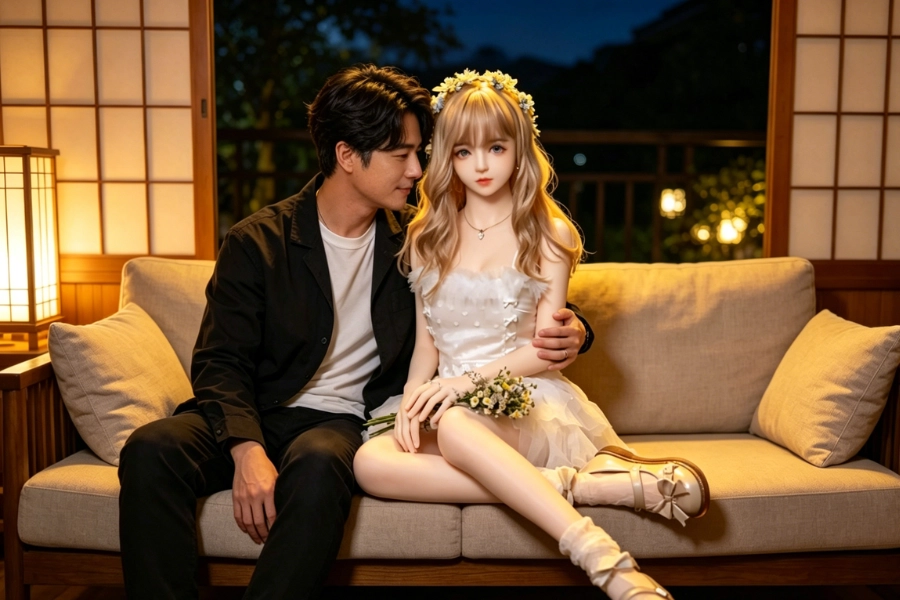 一人暮らしの狭い部屋でラブドールのメンテナンスを行う静かな生活シーン