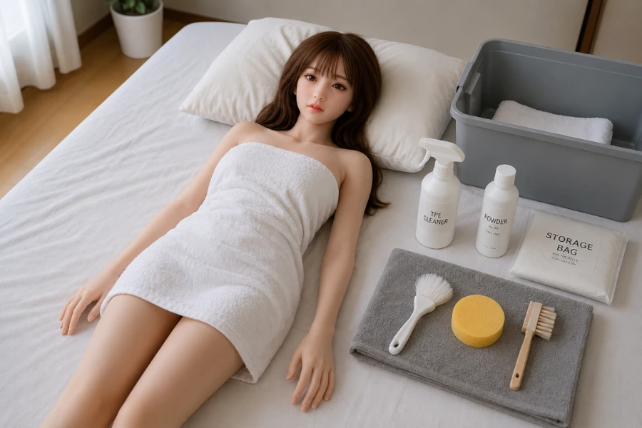 realistic TPE love doll maintenance scene, adult doll lying on a clean bed, soft towel, neutral cleaning supplies, organized maintenance tools, bright and tidy room, calm atmosphere, Japanese apartment interior, realistic photography, natural lighting, high detail, non-sexual, storage preparation concept