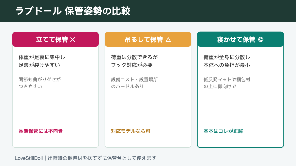 ラブドール保管姿勢の比較(立てる・吊るす・寝かせる)