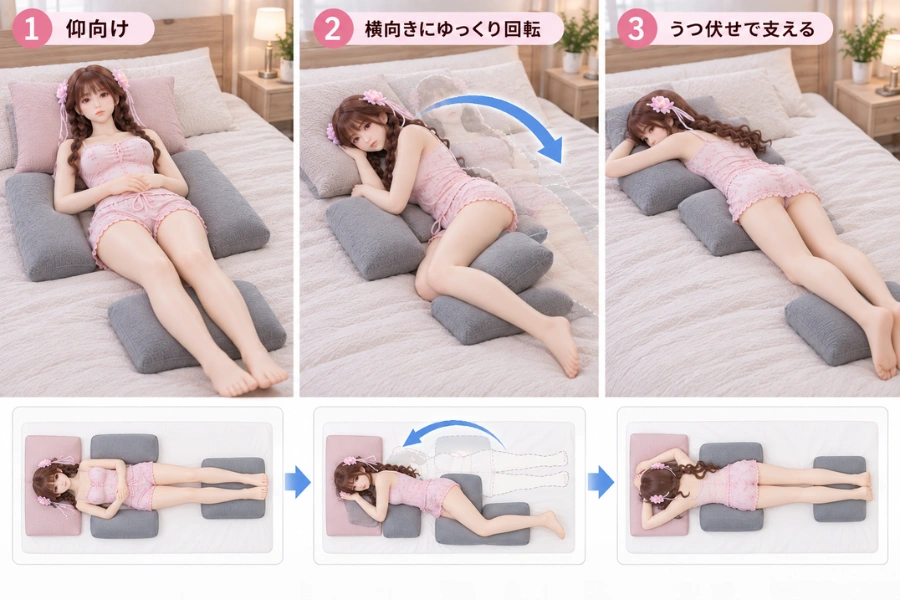 重いラブドールを持ち上げずに体位変更する流れ
